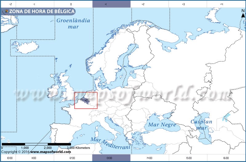 Mapa do fuso horário na Bélgica