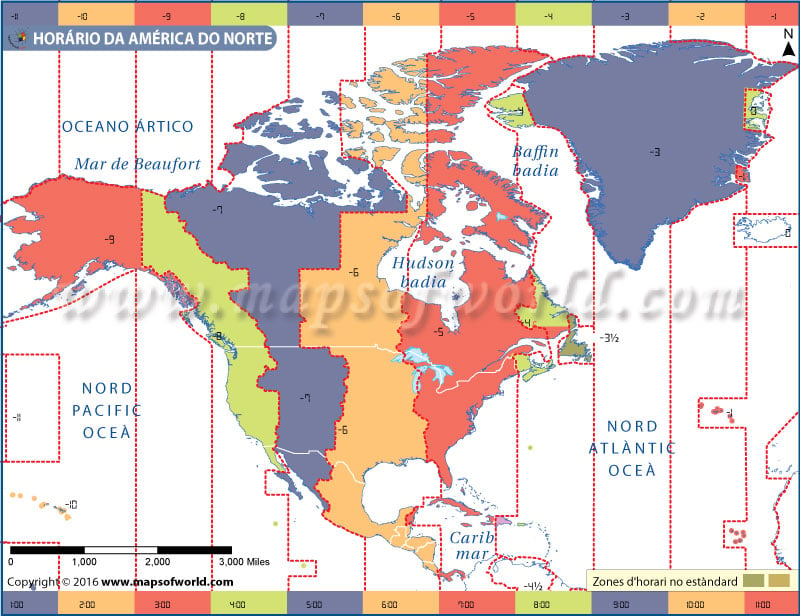 Mapa do fuso horário da América do Norte